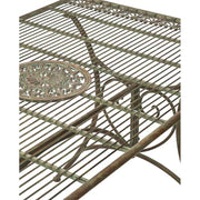 Vintage stílusú, 130 cm hosszú, patinás felületű, antikolt zöldes barna színű, fém kerti asztal