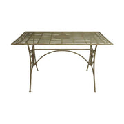 Vintage stílusú, 130 cm hosszú, patinás felületű, antikolt zöldes barna színű, fém kerti asztal