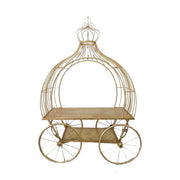 Vintage glamour stílusú, arany színű 158 cm hosszú és 224 cm magas koronás hintó formájú fém kiállítóasztal