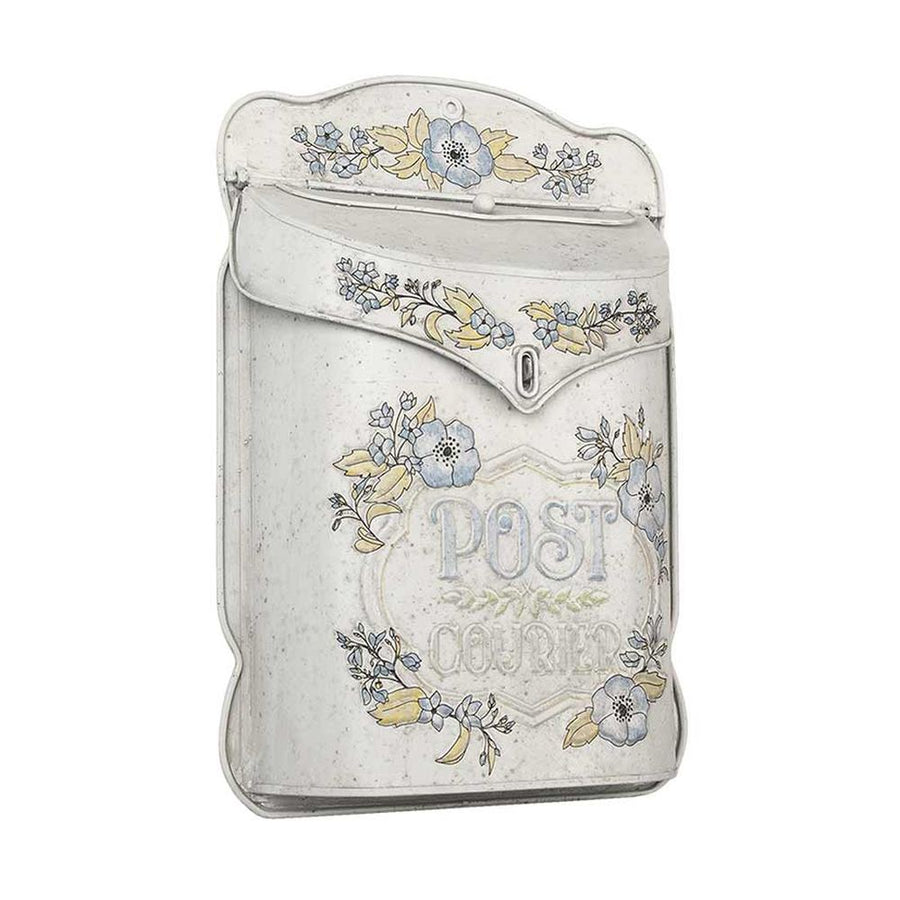 Vintage stílusú, fémből készült, antikolt púder színű, virágos dombormintával díszített, post feliratú postaláda