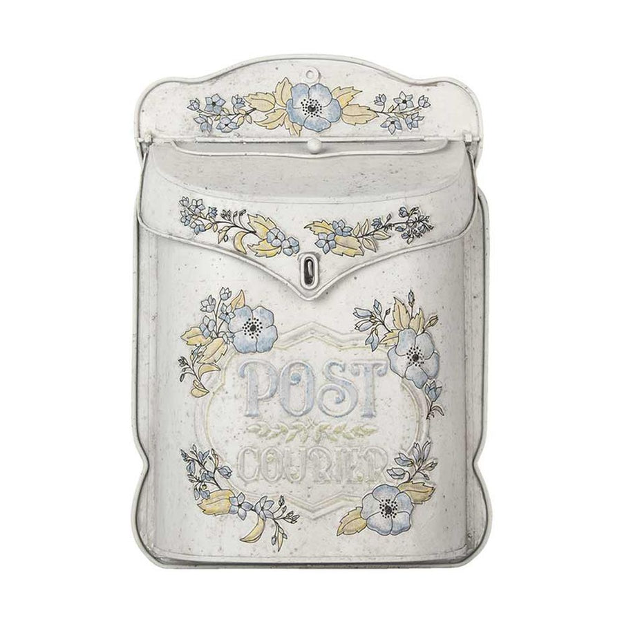 Vintage stílusú, fémből készült, antikolt púder színű, virágos dombormintával díszített, post feliratú postaláda