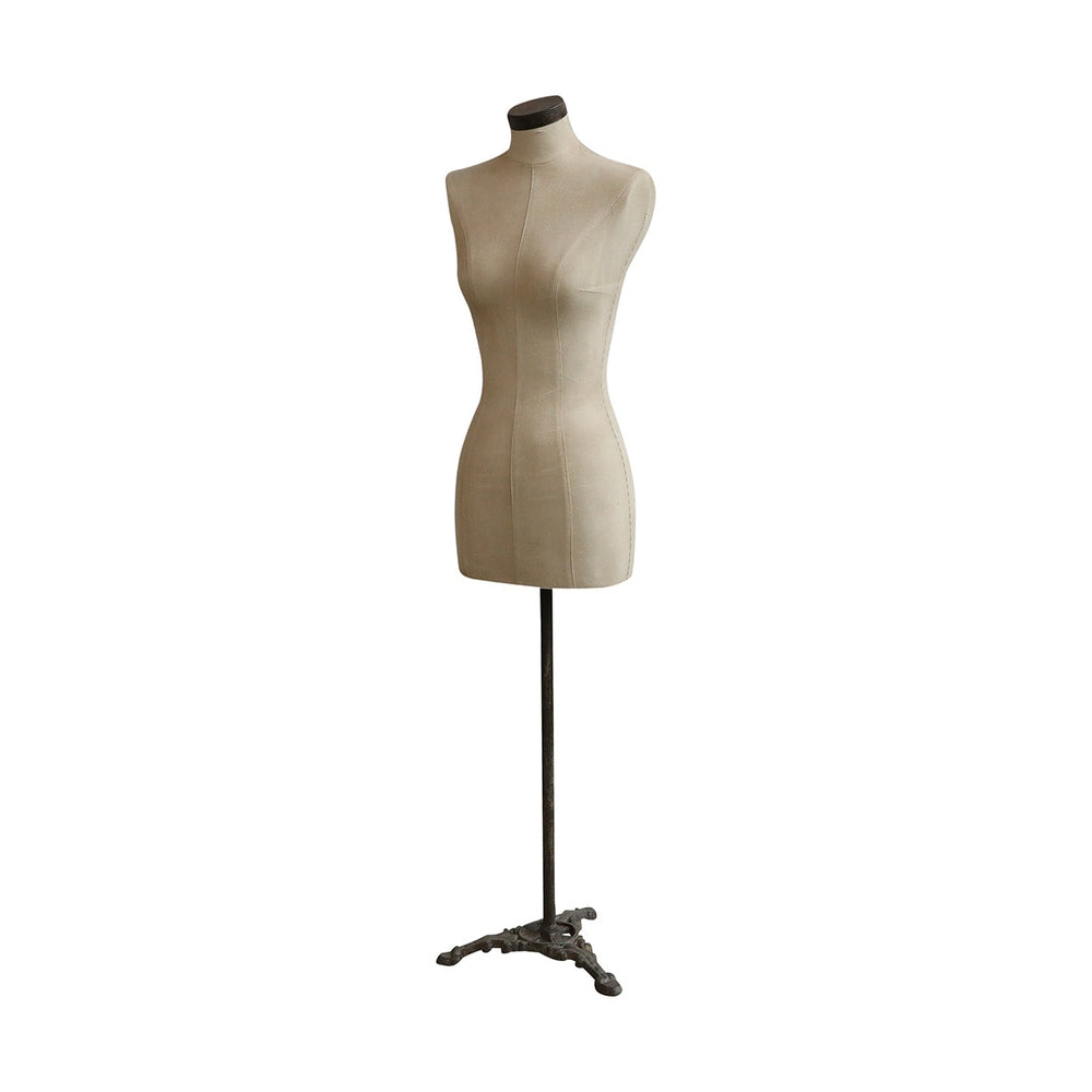 Antikolt felületű öntöttvaslábakon álló, vintage stílusú, 155 cm magas női próbababa.