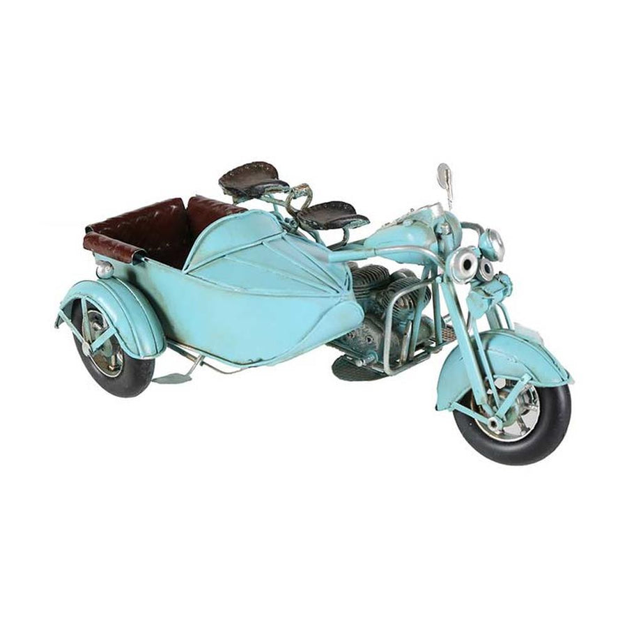 Kék színű, oldalkocsis motorkerékpár modell.