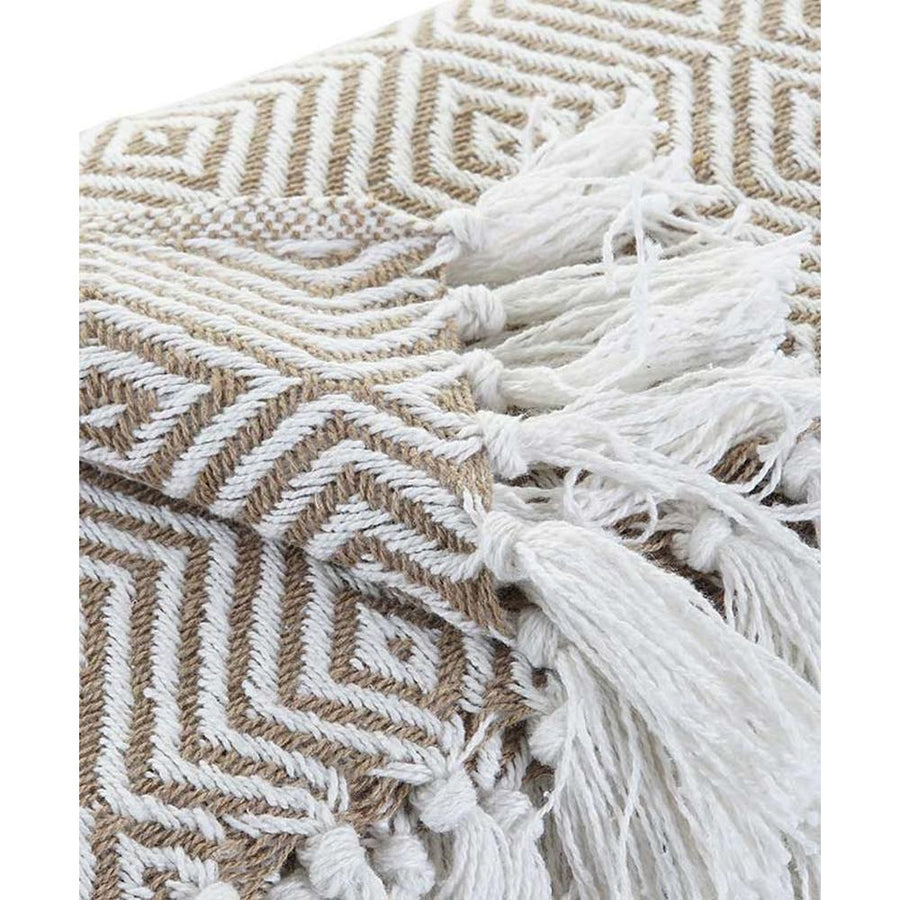 Vintage stílusú, pasztell színvilágú, rombusz mintás rojtszegélyes pamut pléd