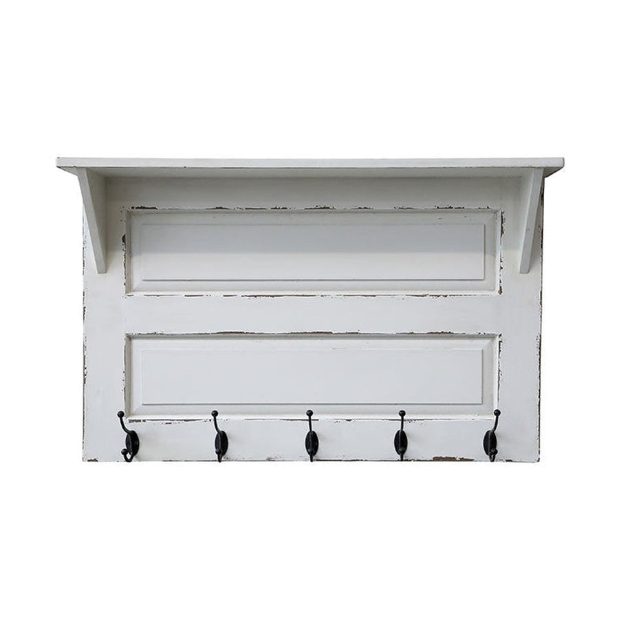 Antikolt felületű krém színű fali fogas konzolos polc kialakítással.