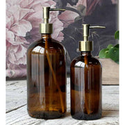 2 féle méretű, sötétbarna üvegű, nagyméretű, vintage stílusú folyékony szappanadagló.