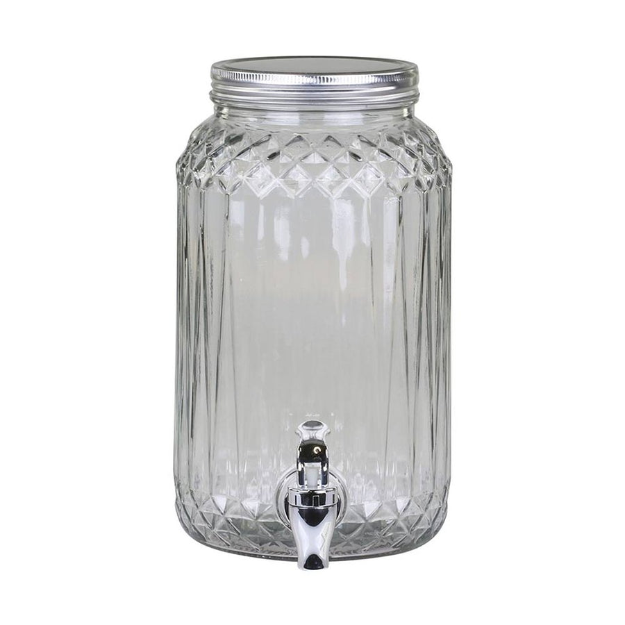 Vintage stílusú, 3,5 liter űrtartalmú, vastagfalú barázdált mintájú üvegből készült, csapos italadagoló.