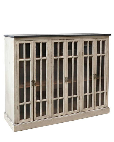 Vintage stílusú, fenyőfából készült, 123 cm hosszú, osztott üvegű, 6 ajtós antikolt vitrines tálaló